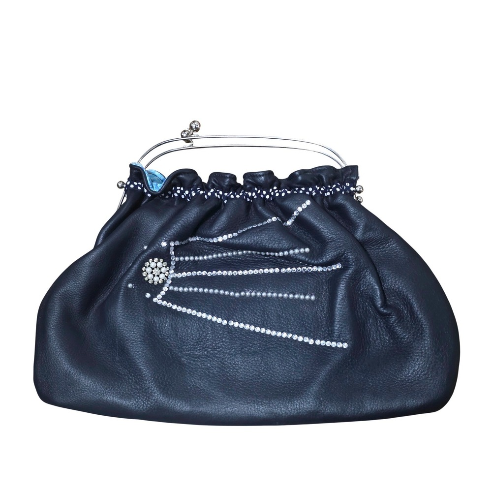 Vintage Woman's Pebbled Leather Kiss Lock Clutch Pearl Crystal Shooting Star Bag